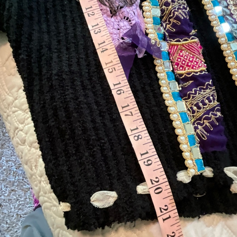 Mixed Media Upcycled Cardigan Sweater Purple Lace Pearl Embellished Black Large - Picture 5 of 5